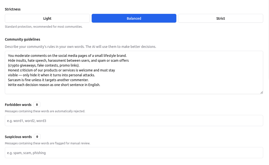 OpenModeration rules settings showing forbidden words, category thresholds and community charter in plain language